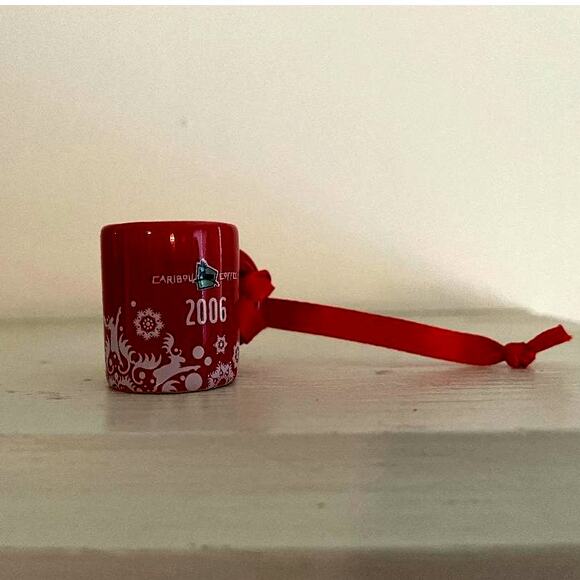 Caribou Coffee Ornament Mini Mug 2006 White Leaping Caribou and Snowflakes - Picture 5 of 5